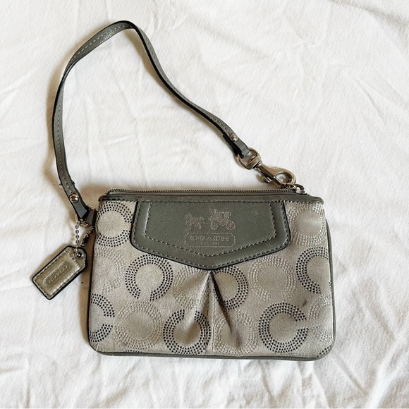 Coach Handbags - Coach Silver Gray Zip Wristlet Pouch Monogram Keychain